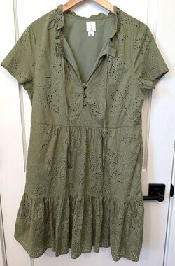 Joie Women's Eyelet Ruffle Tiered Green Midi Dress L Boho Western Festival Rodeo